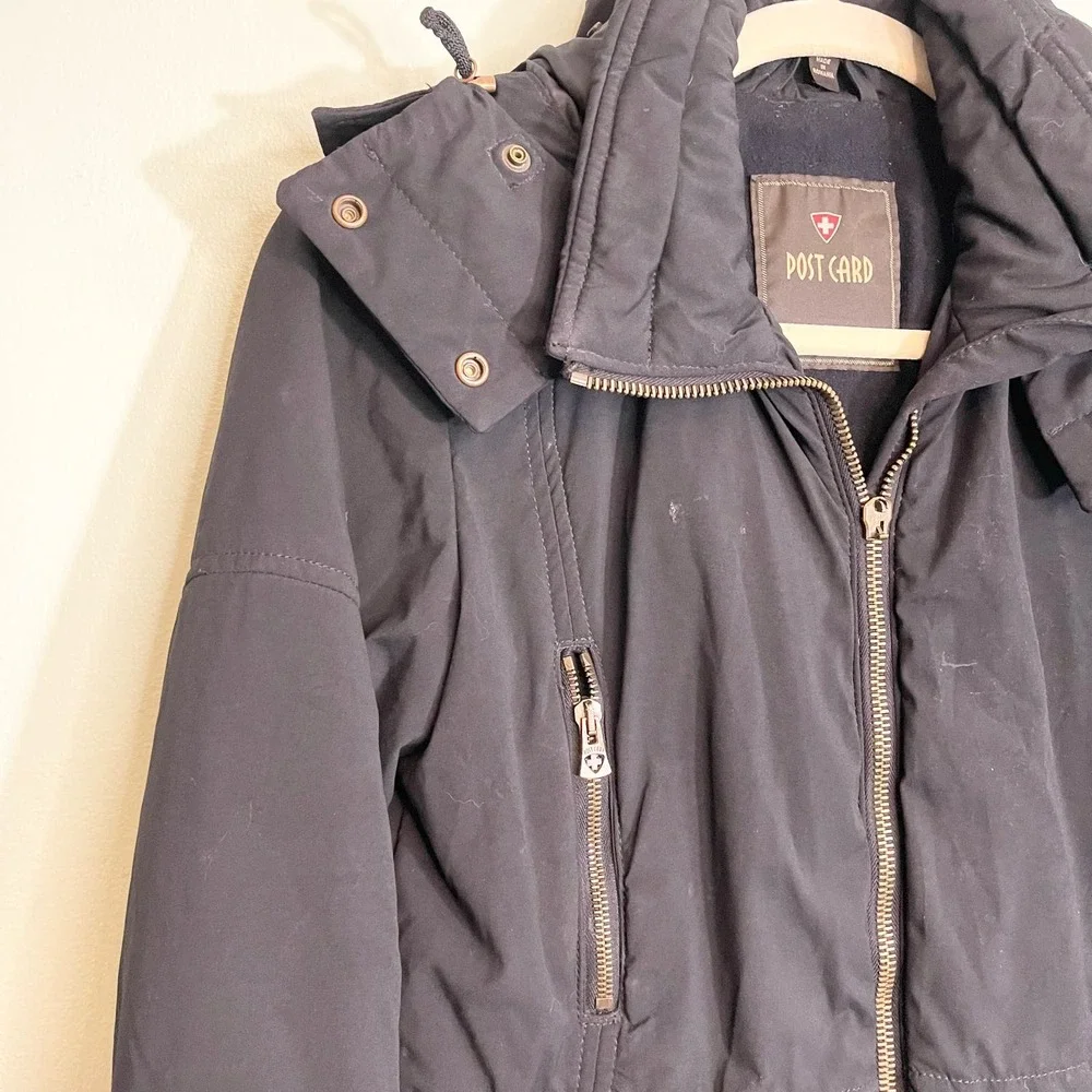 Post Card black Hooded Coat Italian Double Zipper Puffer Jacket Size 4 - Picture 16 of 16